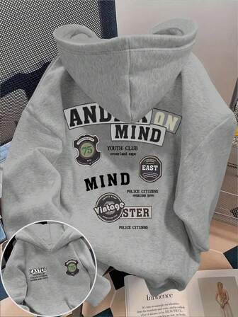 Manfinity プラスサイズ メンズ ドロップショルダー 長袖 カジュアル パーカー、バックにファッショナブルなグラフィックプリント付き