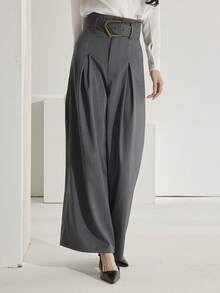 Heiryn 女士金属扣休闲阔腿裤 - 灰色 - 查看 5