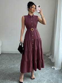 Elenzga Women's Solid Color Single-Breasted Ruffle Hem Sleeveless Shirt Dress - Red Violet - View 5