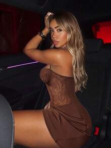 SHEIN ICON 撞色蕾丝胸衣吊带紧身白色束身连衣裙 - 棕色 - 查看 3