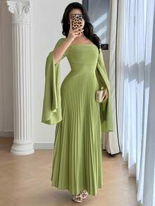 Modelyn 女士方领纯色褶裥开衩长袖优雅连衣裙 - 綠色 - 查看 9