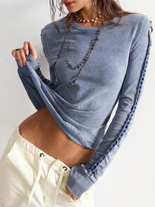 Bohemela Áo thun nữ cổ tròn tay dài dệt kim màu trơn phong cách Boho thường ngày, mùa thu/đông - Màu xanh lam - Xem 4