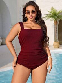 Swim Vcay Plus Size Women's Solid Color High Elasticity Ribbed Fabric Fitted One-Piece Swimsuit With High Neckline - Burgundy - View 5