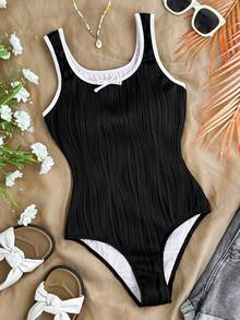 SHEIN Teen Girl Bowknot Romper Swimsuit, Casual Beach Vacation - Black - View 1