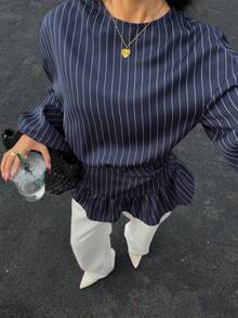 Siren Gaze 褶皱垂褶长袖衬衫，白色领衬衫，圆领套头衫 - 藏蓝色 - 查看 6