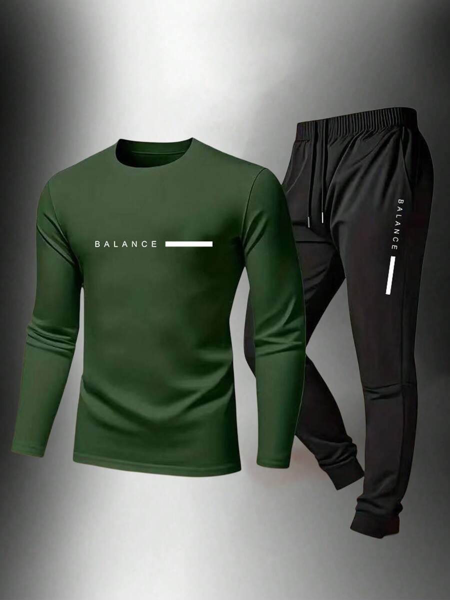 Manfinity Sport Corelite 男士休闲字母图案圆领长袖上衣和裤子运动套装，秋季长袖健身服套装，男士两件套健身套装 - 綠色 - 查看 1