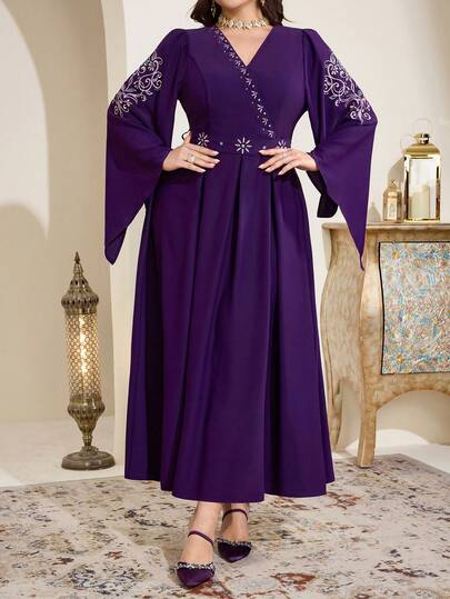 Al Najma Vestido elegante de estilo árabe bordado para mujer de talla grande