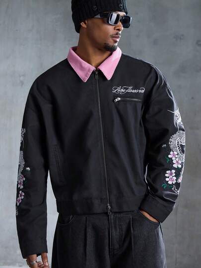 Street Life Men's Floral Embroidery Pattern Turndown Collar Zip Front Long Sleeve Denim Jacket