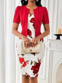 SHEIN Lady 春夏优雅蓝色日常通勤连衣裙，适合女士参加派对、新年、舞会、生日等场合，商务休闲，情人节时尚派对商务女性优雅通勤纯色泡泡袖上衣搭配印花修身无袖连衣裙套装两件套 - 彩色 - 查看 3