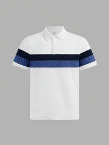 SHEIN Kemeja Polo Kasual, Nyaman, dan Serbaguna untuk Remaja Laki-laki dengan Motif Patchwork dan Kerah. - Putih - View 7