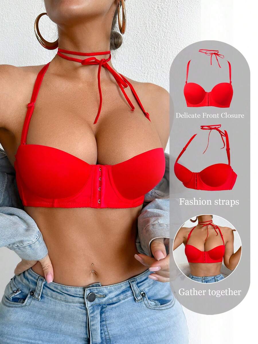 DesireSculpt 1件性感蕾丝前扣深V露背钢圈文胸，情人节 - 紅色 - 查看 1