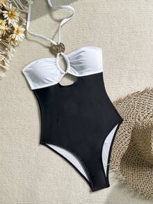 Swim Chiccia Đồ bơi hở lưng không tay, hở lưng, cạp cao, họa tiết chắp vá gợi cảm, thanh lịch dành cho nữ, thích hợp cho kỳ nghỉ ở bãi biển, mùa xuân/hè - Đen và trắng - Xem 5