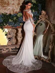 Glamrae 优雅浪漫全蕾丝点缀花卉薄纱长袖高领3D刺绣修身高腰显瘦鱼尾长拖尾可拆卸超大蝴蝶结婚纱，白色新娘礼服，新娘，情人节 - 米色 - 查看 2