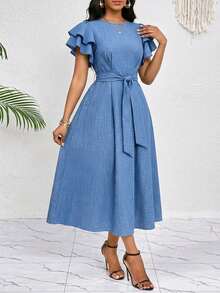SHEIN Lady Vestido midi de mujer de unicolor con cuello redondo, mangas con volantes y cinturón - Azul - Ver 5