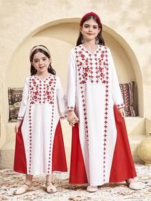 SHEIN Young Girl Print Color Block Long Sleeve A-Line Dress - White - View 2