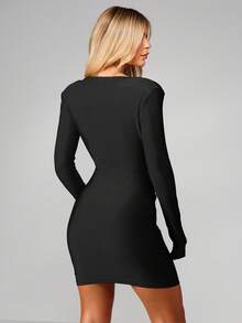 MISSGUIDED Women's Long Sleeve Cowl Neck Mini Dress Deep V Bodycon Club Party Evening Dress - Black - View 2