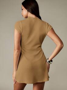 MISSGUIDED Ribbed Knit Mini Dress With Crew Neckline Short Sleeves Fitted Bodycon Style Fall Winter Casual Wardrobe Essential - Beige - View 2