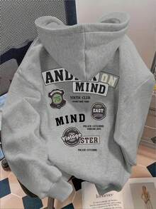 Manfinity 男士加大码落肩长袖休闲连帽衫，背面印有时尚图案