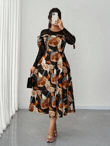 Elenzga Plus Size Women Elegant Lace Patchwork Floral Print Dress - Multicolor - View 3