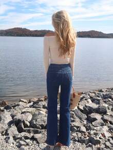 Sydney Algeri 女式休闲日常斜口袋紧身喇叭牛仔裤 - 深色水洗藍 - 查看 2