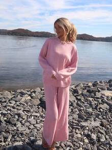 Sydney Algeri 2pcs Women Casual Loose Fit Drop Shoulder Long Sleeve Sweater And Knit Pants Set, Autumn