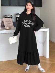 SHEIN Teen Girl College Letter Graphic Ruffle Hem Hoodie Casual Dress - Black - View 4