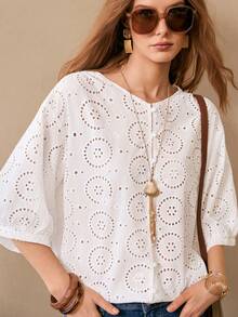 Florisole Camisa suelta y casual de algodón con diseño calado y de unicolor, de manga 3/4 y con abertura frontal, adecuada para primavera y verano - Blanco - Ver 6