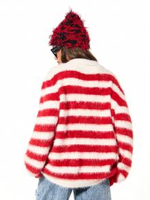 SUMWON WOMEN Áo len dệt kim sọc rộng thùng thình, mềm mại, tay dài, cổ buộc dây, thích hợp mặc mùa đông. - Đỏ và trắng - Xem 2