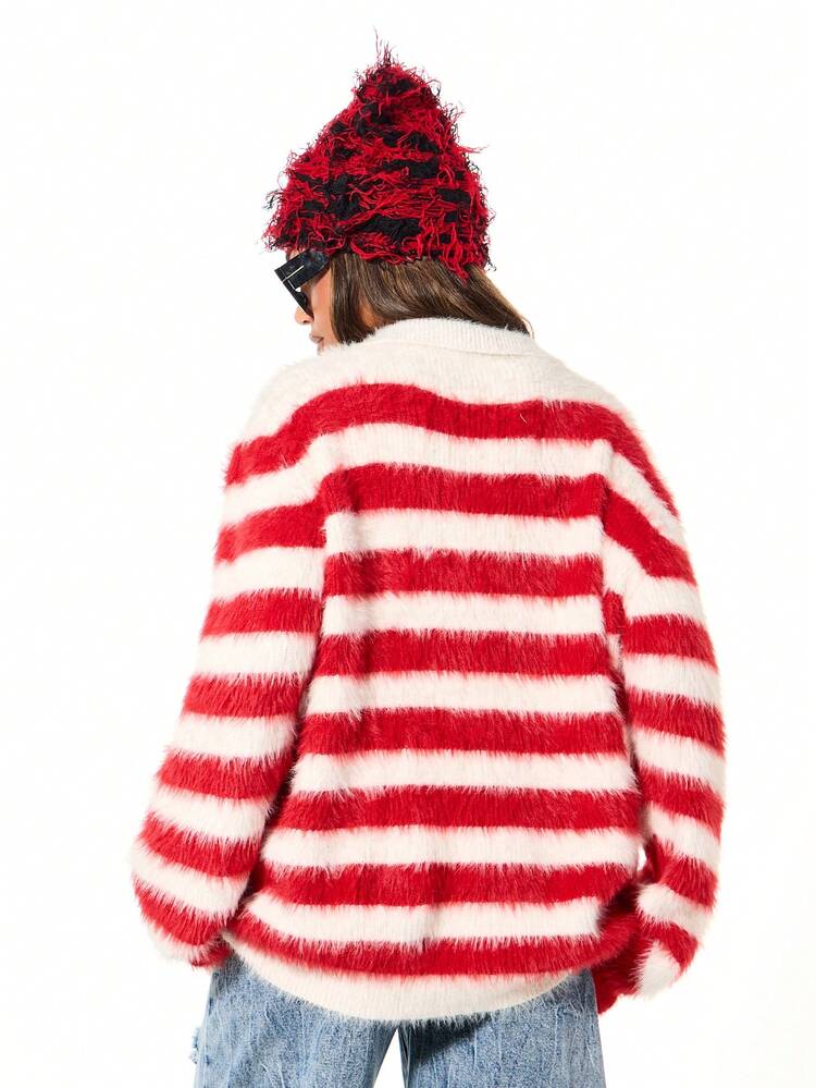 SUMWON WOMEN Luźny, puszysty sweter w paski z dzianiny z kołnierzykiem ze sznurowaniem