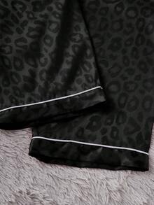 LuxeNights 3pcs Women Elegant Leopard Jacquard Collar Short Sleeve Shorts & Long Pants Faux Silk Pajama Set - Black - View 6