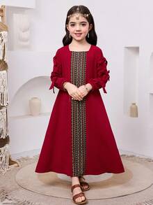 SHEIN Đầm thường ngày họa tiết nơ vuông dệt trơn màu cho bé gái - Đỏ - Xem 6