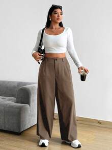Vionelle Plus Size Loose Wide Leg Pants With Pockets, Solid Color - Khaki - View 5