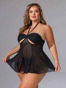 SpicyHot 1 Bộ đồ lót hở lưng lưới gợi cảm cỡ lớn kèm dây buộc nơ có gọng + quần lọt khe chữ T - màu đen - Xem 4