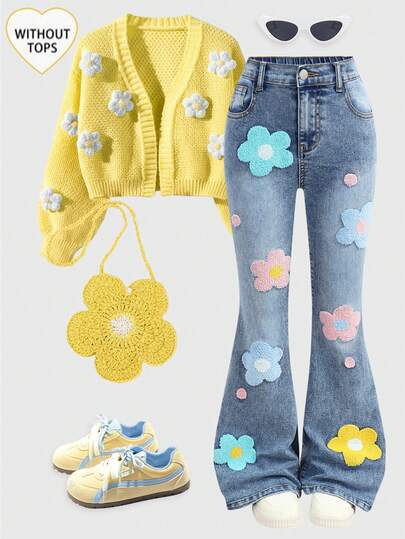 SHEIN Girlism Tween Girls Fashion Casual Y2k Vintage Cool Street Returns To School College Simple Comfortable And Cute Colorful Flower Polka Dot Towel Embroidery Pattern Design Blue Denim Stretch Tight Flared Jeans For Kids Clothes Tween Girls Dailywear And Kids Winter And Fall Rave Outfits Festival And Outfits Streetwear Clothes