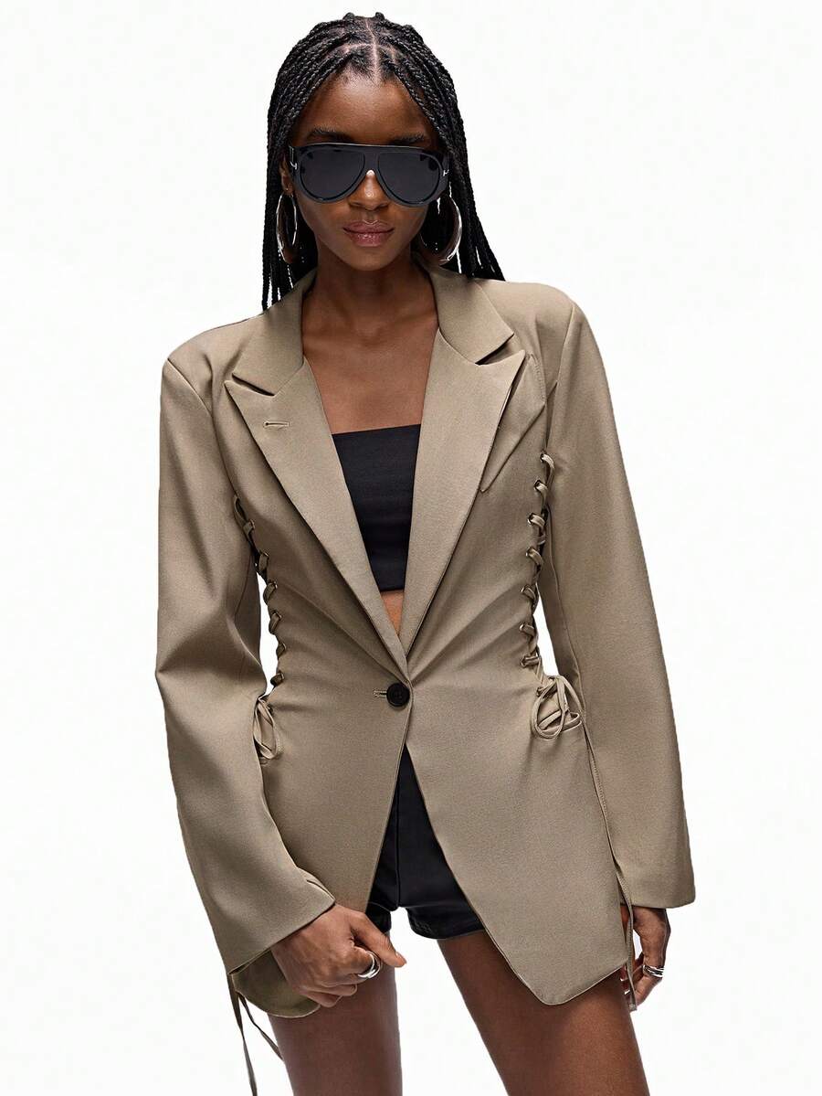 Aveloria Affinna Side Cinched Eyelet Lace-Up Adjustable Design Punk Chic Casual Versatile Women Blazer Jacket - Cadet Blue - View 1