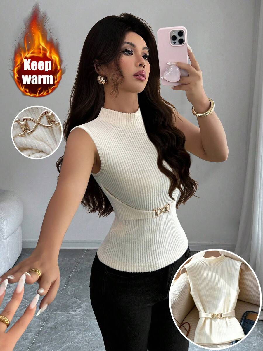 Elenzga Áo nữ không tay cổ cao, chất liệu dệt kim mềm mại, có khuy trang trí bằng kim loại, kiểu dáng thanh lịch, ôm sát, thích hợp cho phong cách thường ngày. - Màu be - Xem 1