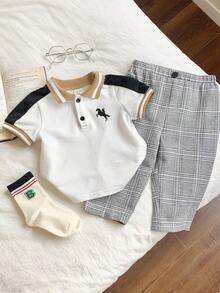 2pcs Baby Boy Short Sleeve Polo Shirt & Elastic Waist Plaid Pants Set,Black And White Plaid,Summer,Casual,Family Matching Preppy School Golf Clothes - Khaki - View 6