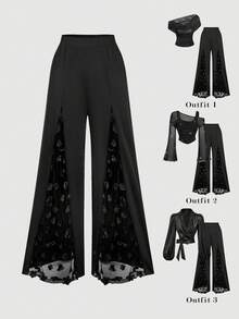 SHEIN MOD Damskie luźne, eleganckie, szerokie spodnie z ozdobnymi aplikacjami, jesień/zima, Sylwester, elegancki, noworoczny look, Boże Narodzenie, biuro, praca, patchwork z wysokim rozcięciem, czarne spodnie, klub, koktajl, plaża, impreza rave, rejsy, wyjścia, stylowa kolekcja, damskie szerokie spodnie, czarne spodnie - Czarne - Zobacz 1