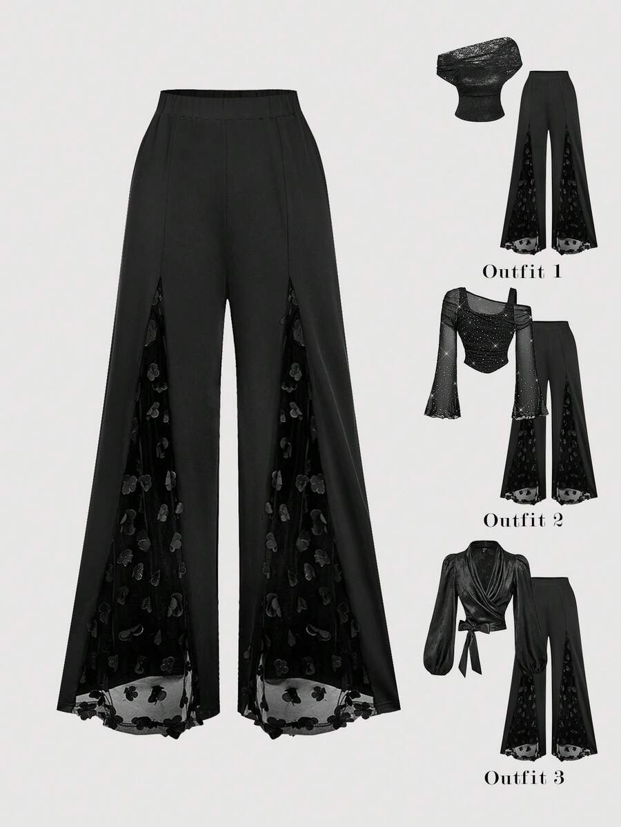 SHEIN MOD Damskie luźne, eleganckie, szerokie spodnie z ozdobnymi aplikacjami, jesień/zima, Sylwester, elegancki, noworoczny look, Boże Narodzenie, biuro, praca, patchwork z wysokim rozcięciem, czarne spodnie, klub, koktajl, plaża, impreza rave, rejsy, wyjścia, stylowa kolekcja, damskie szerokie spodnie, czarne spodnie - Czarne - Zobacz 1