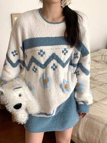 DAZY 2pcs Women Floral Pattern Knitted Loose Long Sleeve Short Dress Pajama Set, Winter - White - View 4