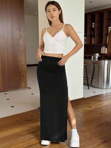 SHEIN EZwear 夏季穿搭纯色开衩大腿褶皱细节中长裙