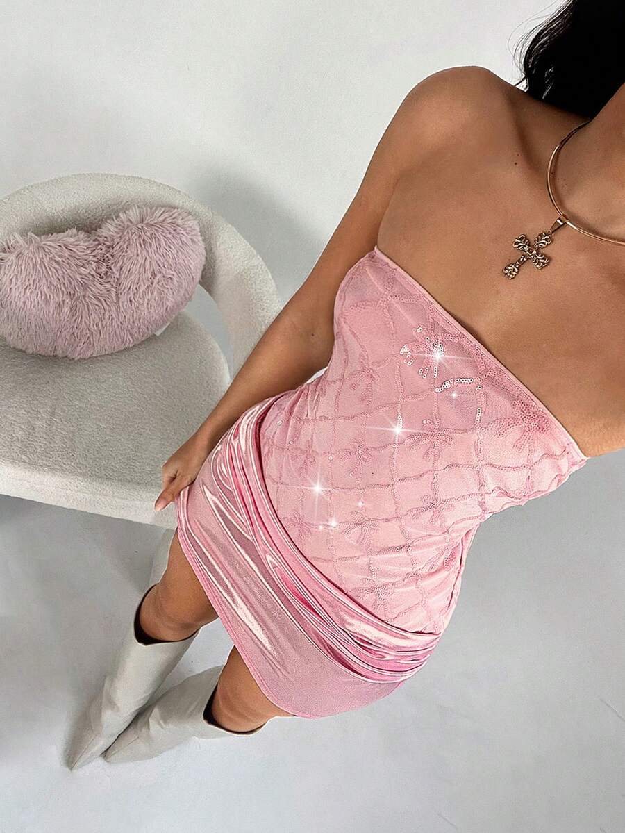 TRNVIE Pink Sequin & Satin Patchwork Strapless Waist Cinched Party/Valentine's Day Mini Dress For Women, Spring/Summer - Pink - View 1