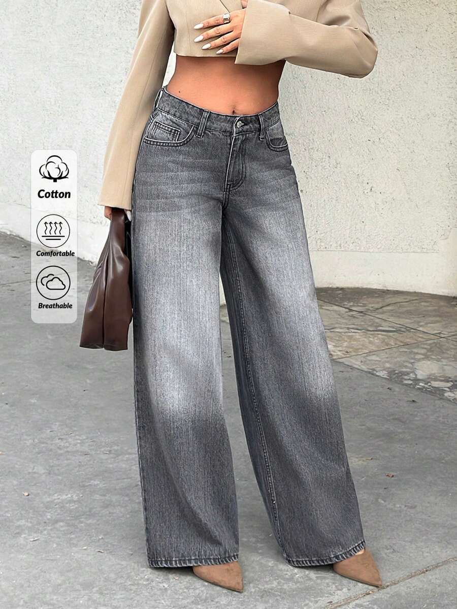 EURMUSE Farbverlauf-Schrägtaschen Lässig Weite Bein Jeans mit Niedriger Taille - Mittele Waschung - Übersicht 1