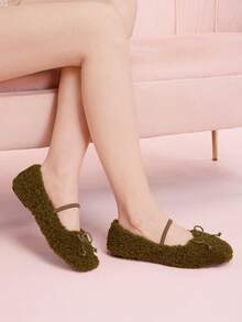 CUCCOO DOLLMOD Women's Casual Versatile Commuting Fuzzy Bow Decor Flats, Autumn/Winter For Christmas - Army Green - View 10