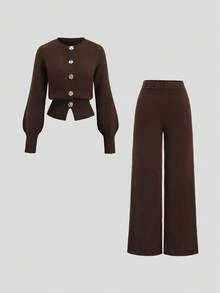 Sweetra Autumn/Winter Floral Button Cardigan With Lantern Sleeves & Wide Leg Pants Knit Two Pieces Set - Coffee Brown - View 1