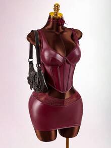 Amplova Bộ 2 món xương cá PU dành cho nữ: Áo hai dây & Chân váy ôm sát mini, Gợi cảm & Sang trọng, Thích hợp mặc mùa thu, Hàng ngày, Công sở, Tiệc năm mới - Màu Đỏ Sâu - Xem 1