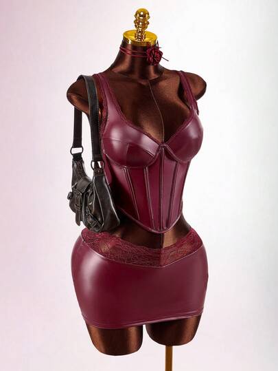 Amplova Women's PU Fishbone 2 Pieces Set: Camisole Top & Mini Bodycon Skirt, Sexy & Chic, Suitable For Autumn Wear, Daily, Office, New Year Party Red Leather Dress