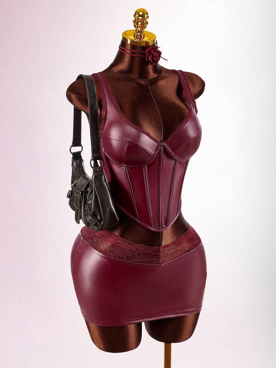 Amplova Bộ 2 món xương cá PU dành cho nữ: Áo hai dây & Chân váy ôm sát mini, Gợi cảm & Sang trọng, Thích hợp mặc mùa thu, Hàng ngày, Công sở, Tiệc năm mới - Màu Đỏ Sâu - Xem 1