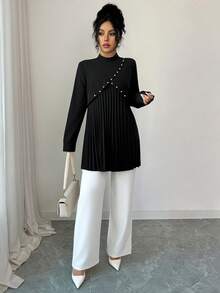 Elenzga Blouse femme à col montant croisé avec plis bouffants en forme de A, automne/hiver