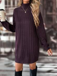 Chiquease Solid Color Turtleneck Ribbed Knit Long Sleeve Sweater Dress - Red Violet - View 3